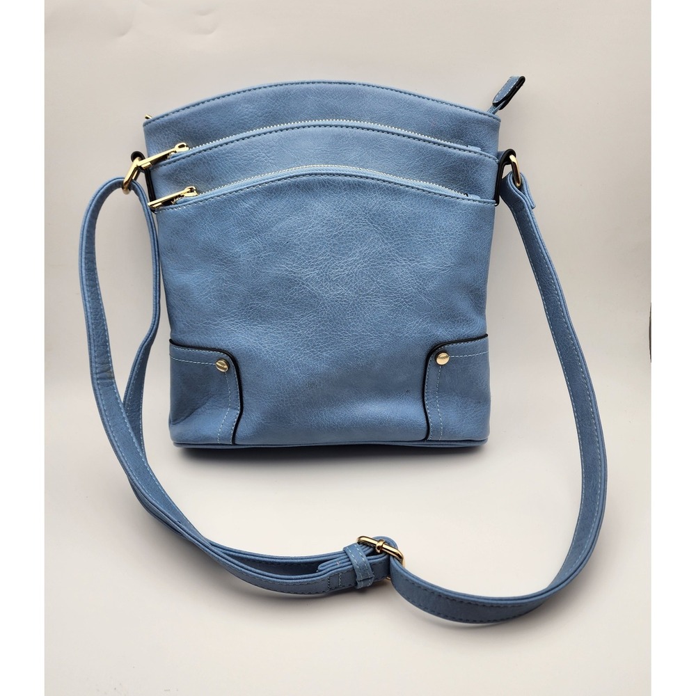 Alyssa Dusty Blue Crossbody Soft Faux Leather‎ Triple Zip Pocket Purse Bag EUC